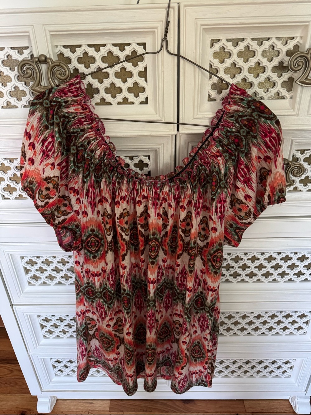Claudia Richard Pink and Green Patterned Off-Shoulder Tunic